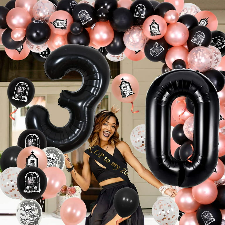 Black 30th Birthday Decorations for Women with Funeral for My Youth Banner,  Happy Birthday Balloon, Rip to My 20s Sash, 30 foil Balloons, Lose Youth