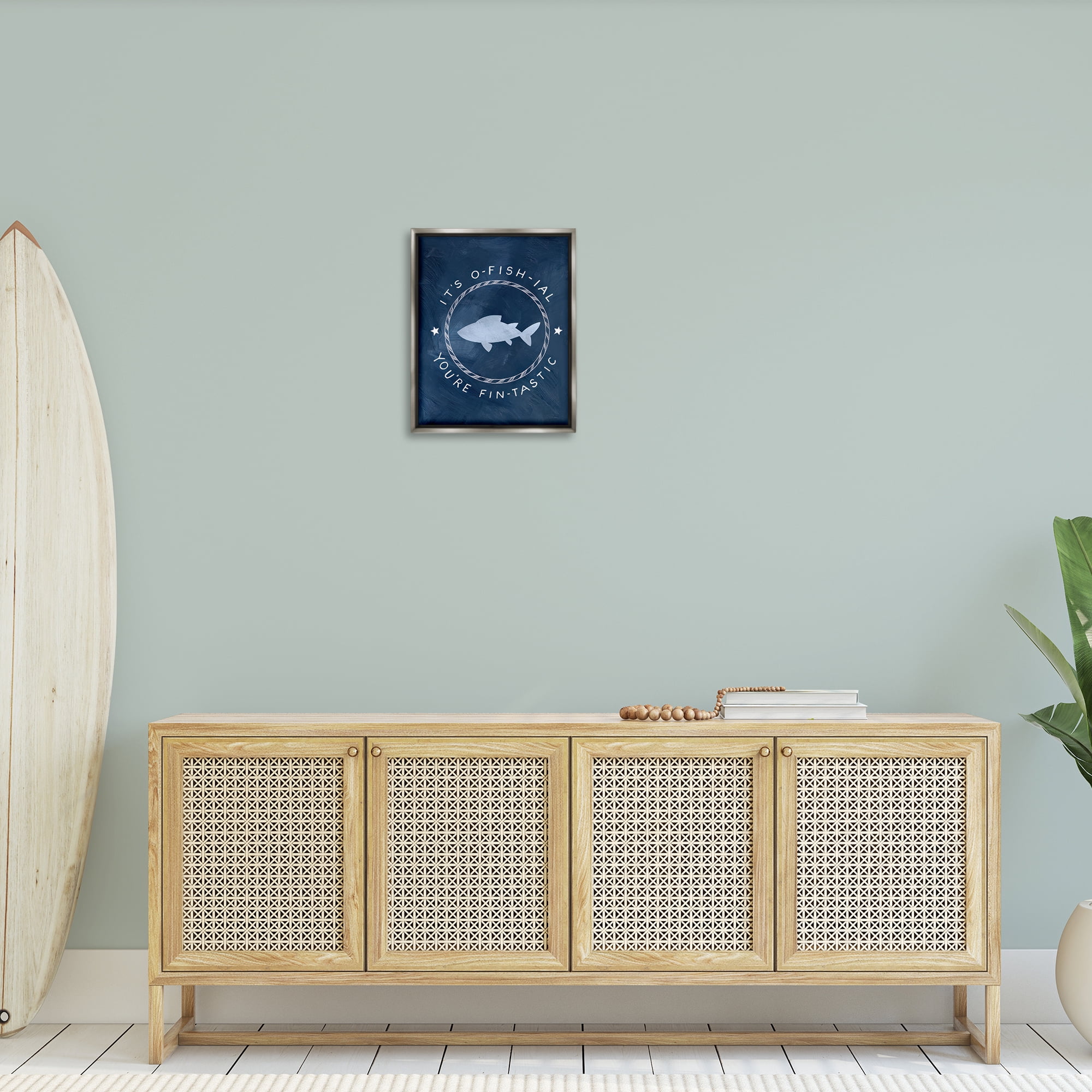 Stupell Industries Officially Fantastic Fish Pun Nautical & Beach Painting Gray Floater Framed Canvas Art Print Wall Art, 17 x 21