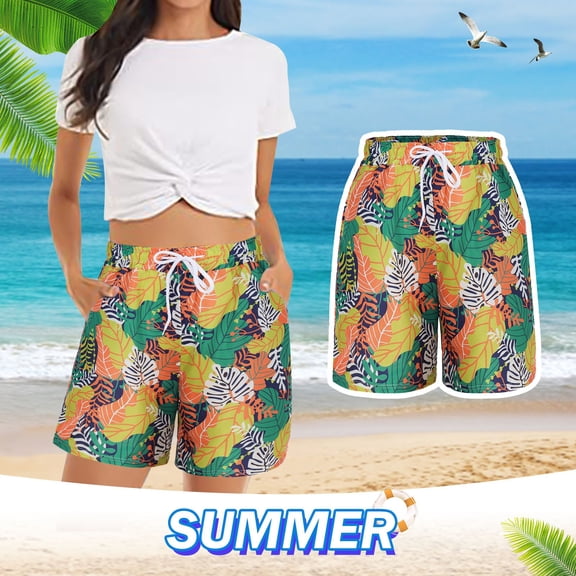 Women's High Waisted Board Shorts Loose Comfy Hawaii Print Bermuda Shorts with Drawstring (Yellow M)