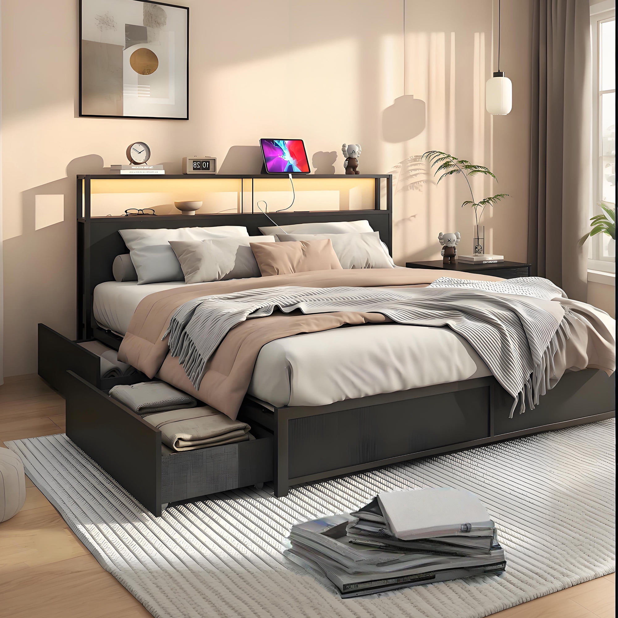 LED King Size Bed Frame with Storage Headboard & 4 Drawers, Industrial Metal Platform Bed with Power Charging Station & USB Ports