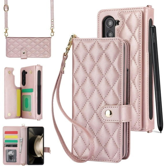 MYKOMI for Samsung Galaxy Z Fold 6 Wallet Case with S Pen Holder & Crossbody Lanyard Strap & Wrist Strip, Shockproof Stylish Protective Cover for Galaxy Z Fold 6