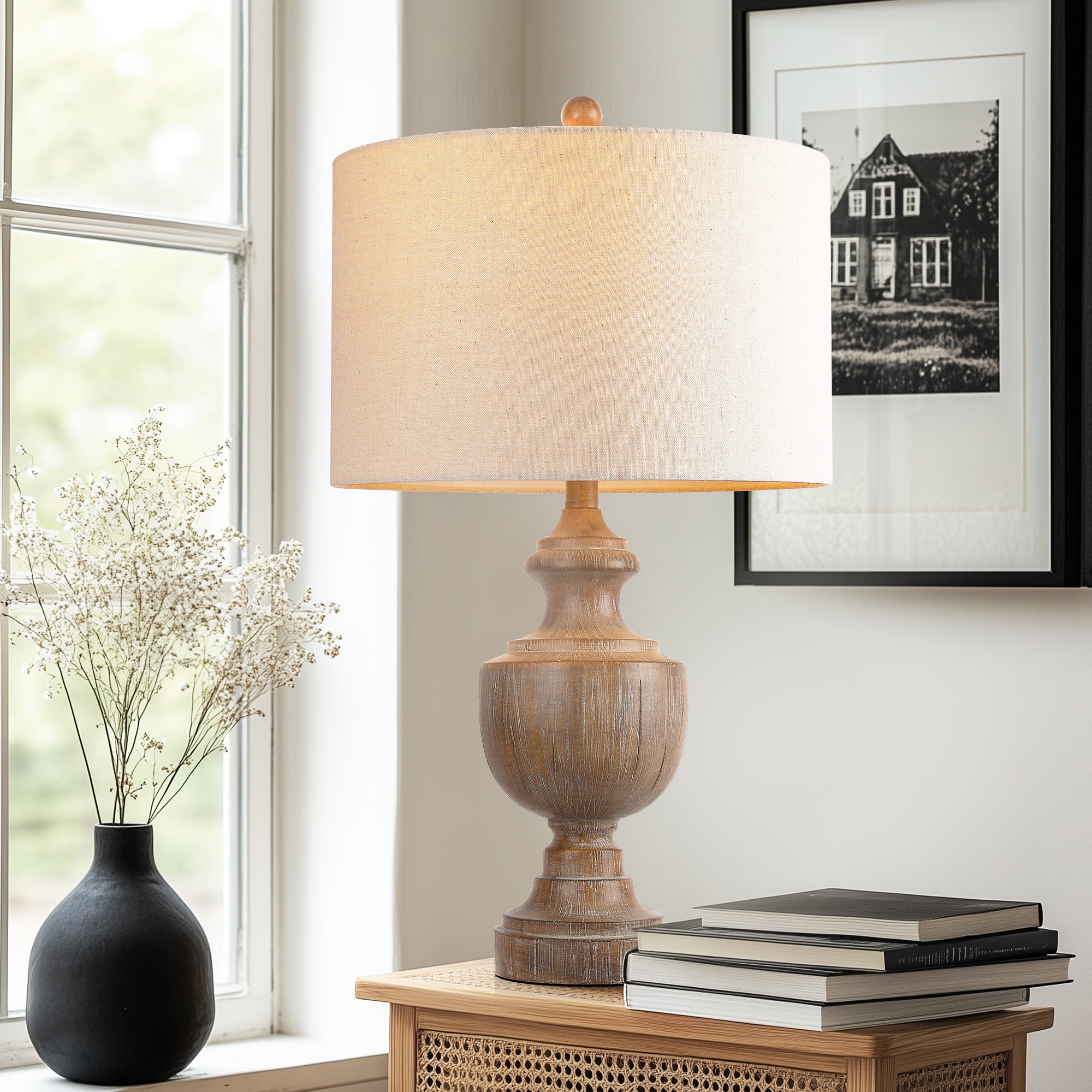 26.8" Large Brown Resin Table Lamp, Farmhouse Bedside Lamp Trophy Shaped End Lamp with Linen Shade 9W LED Bulb for Living Room Study