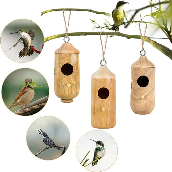 DERCLIVE 3Pcs Natural Wood Hummingbird House,Outside Hummingbird Houses, Hanging Hummingbird Nest for Nesting