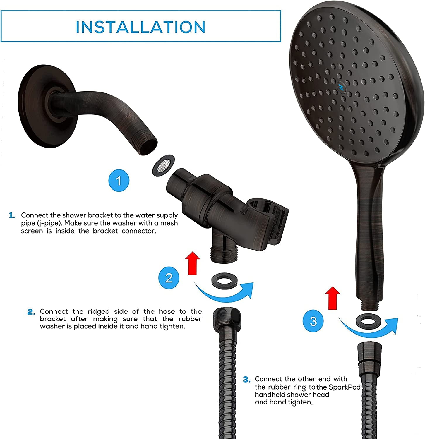 SparkPod Rainfall Shower Head with Handheld - 6-Inch Head, 6ft Hose, Adjustable Bracket (Vintage Oil-Rubbed Bronze)