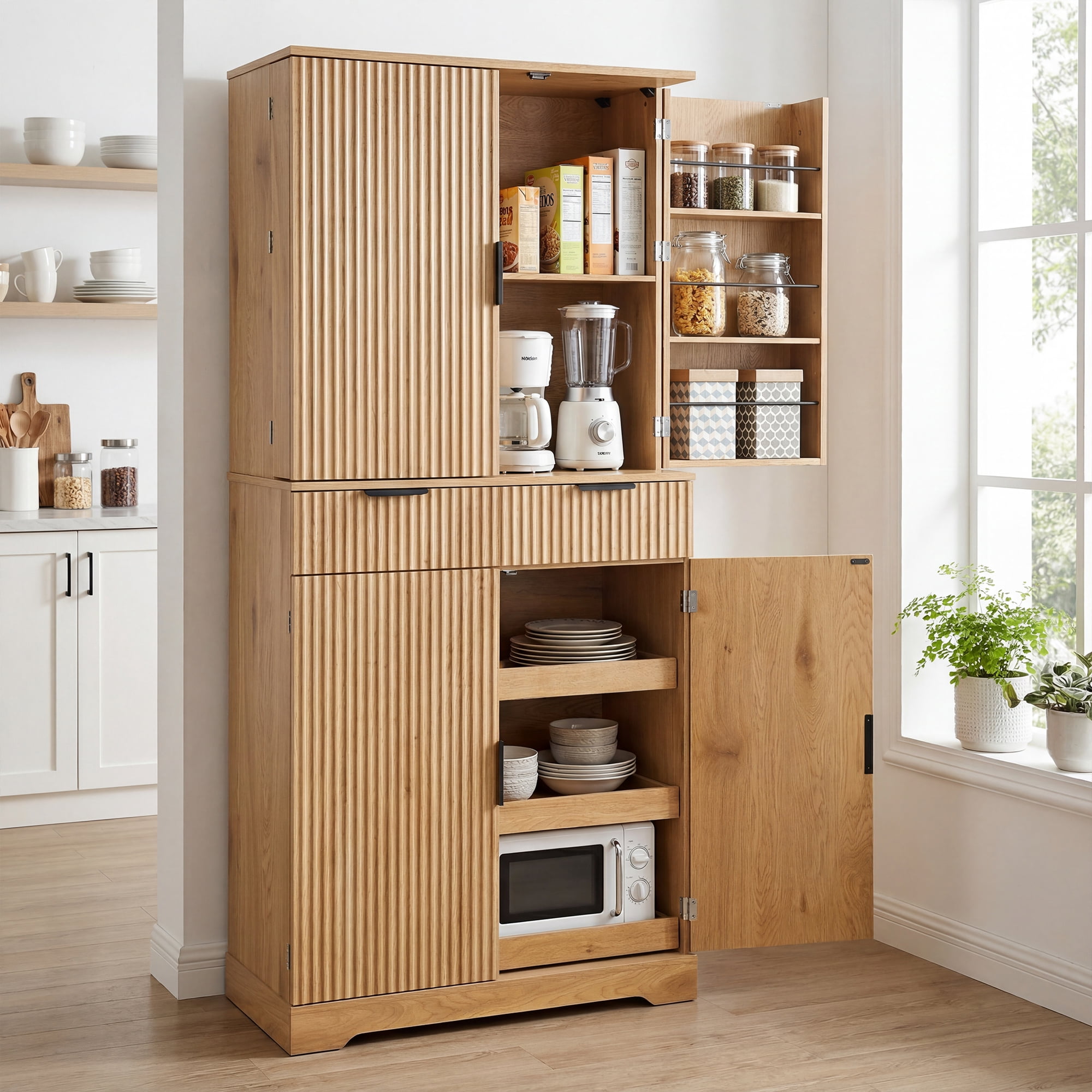 Mintazer 72" Fluted Freestanding Kitchen Pantry Storage Cabinet with 4 Door & Drawers, Large Storage Hutch with Spice Door Racks for Kitchen Dining Room Bathroom, Natural