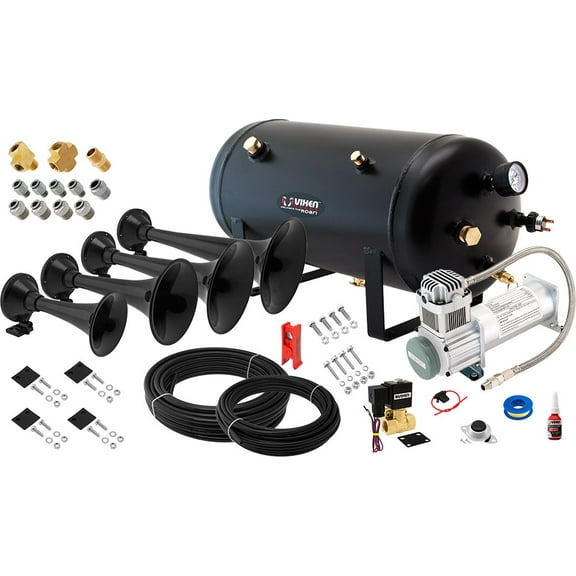 Vixen Horns Train Horn Kit for Trucks/Car/Semi. Complete Onboard System- 200psi Air Compressor, 5 Gallon Tank, 4 Trumpets. Super Loud dB. Fits Vehicles like Pickup/Jeep/RV/SUV 12v VXO8350/4901B