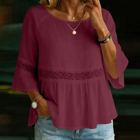 thefmos Women Summer Round Neck 3/4 Sleeve Lace Trim Flowy Boho Casual Pullover Tops Dressy Casual Loose Blouses Fall Shirts Clothes, Hot Pink M