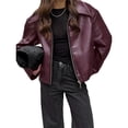 thumbnail image 2 of Women's Leather Jacket Long Sleeve Zipper Faux Oversized Coats Fall Fashion Outfits Winter Clothes Wine Red M, 2 of 10