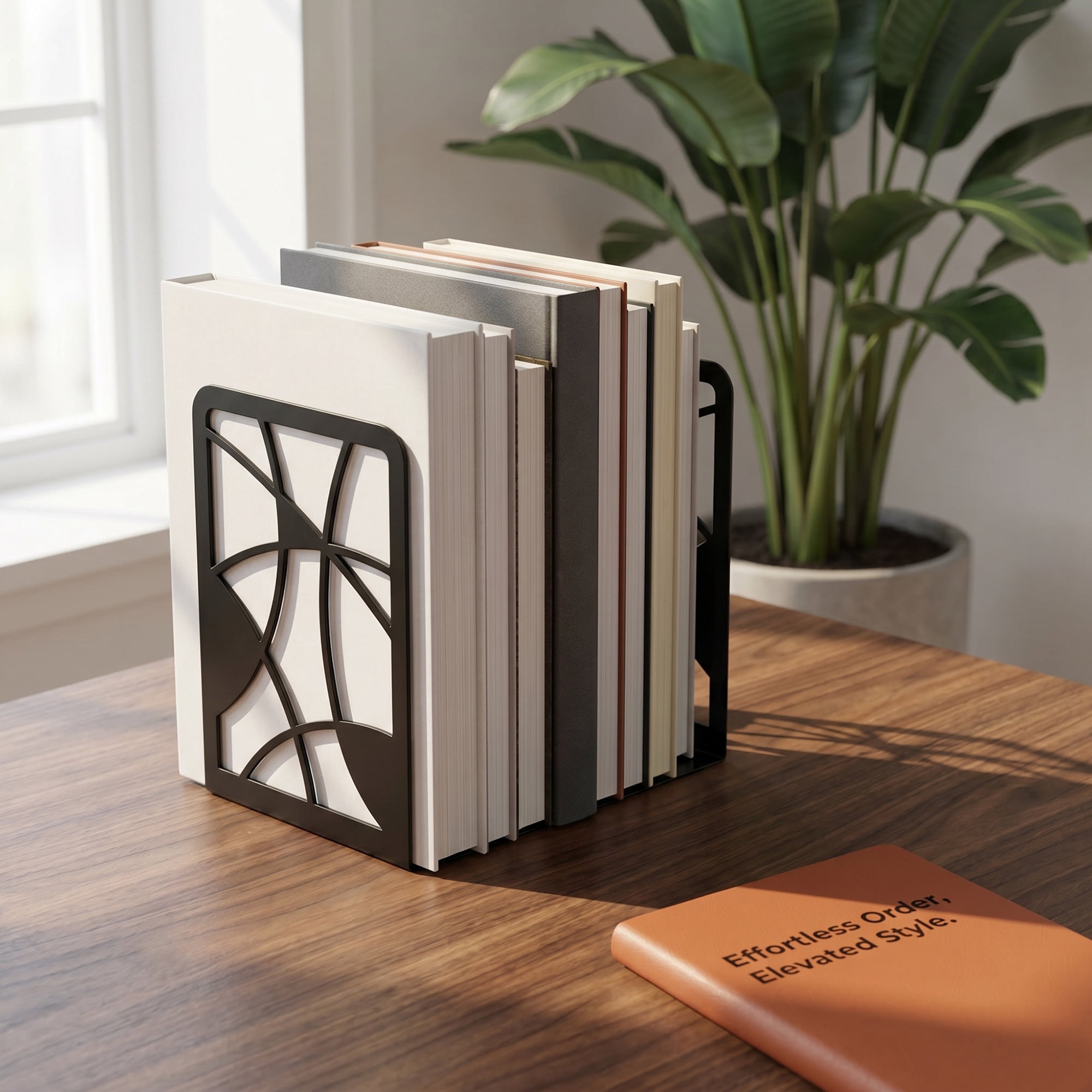 Unique Bargains Geometric Metal Bookends Decorative Book Ends for Shelves Black  Style C 4.7"x3.7"x6.7"