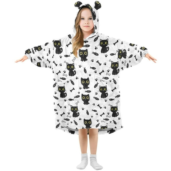 Wearable Blanket Hoodie for Kids Black Cat Footprint Flannel Hooded Blanket with Pockets and Sleeves Suitable for Boys and Girls