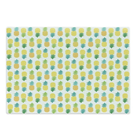 Green and Yellow Cutting Board, Fresh Hawaii Foliage with Blooming Leaves on Fruits, Decorative Tempered Glass Cutting and Serving Board, Large Size, Apple Green Sea Green, by Ambesonne