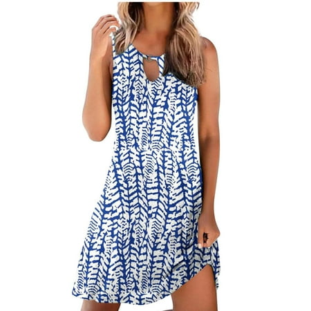

Summer Dress for Women Sexy Round Neck Printed Beach Dresses Summer Sleeveless Pullover Boho Mini Dress