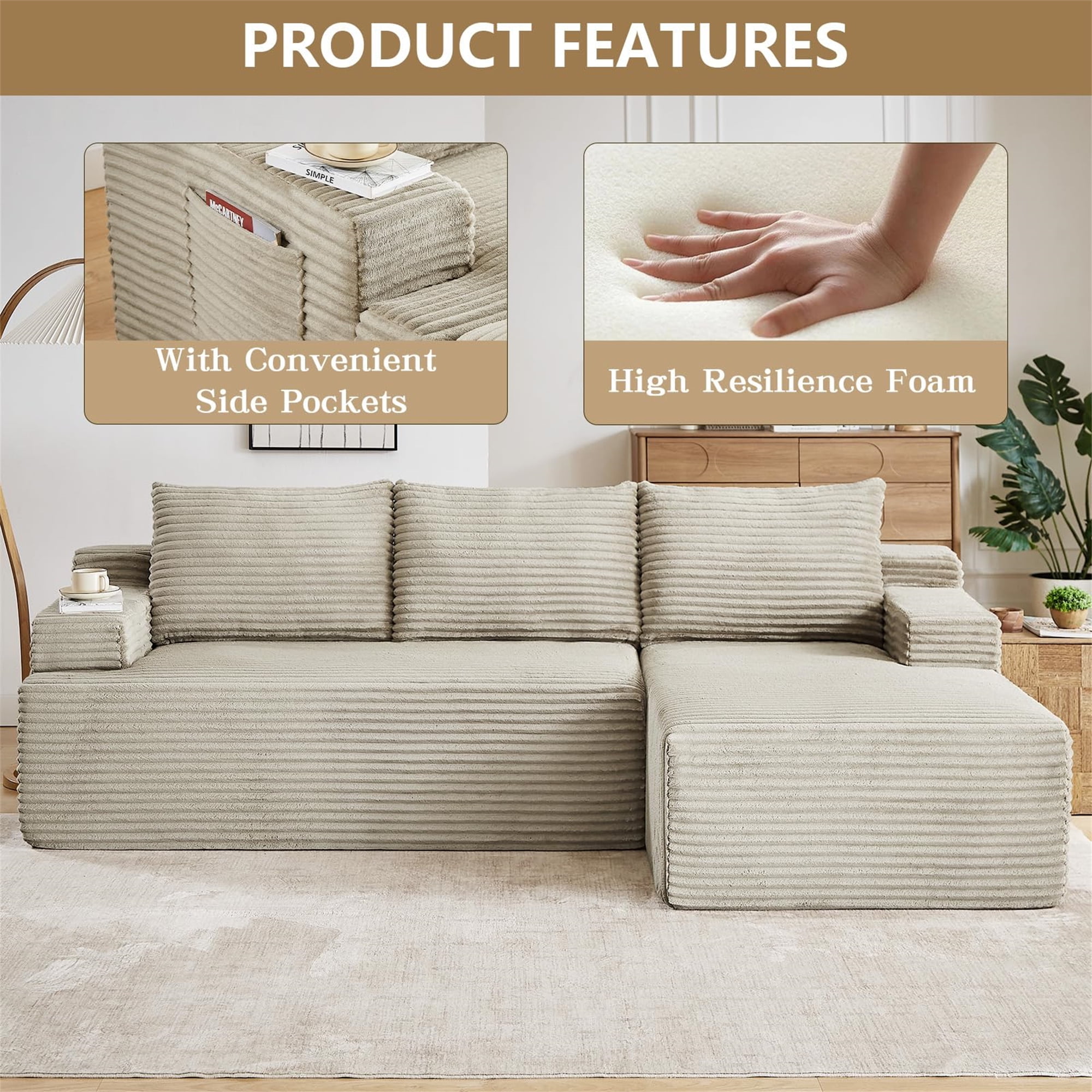 Aukfa 95" Cloud Sectional Sofa Boneless Couch Modular Sofa Bed for Living Room, 2 Side Pockets, Right Chaise, Camel