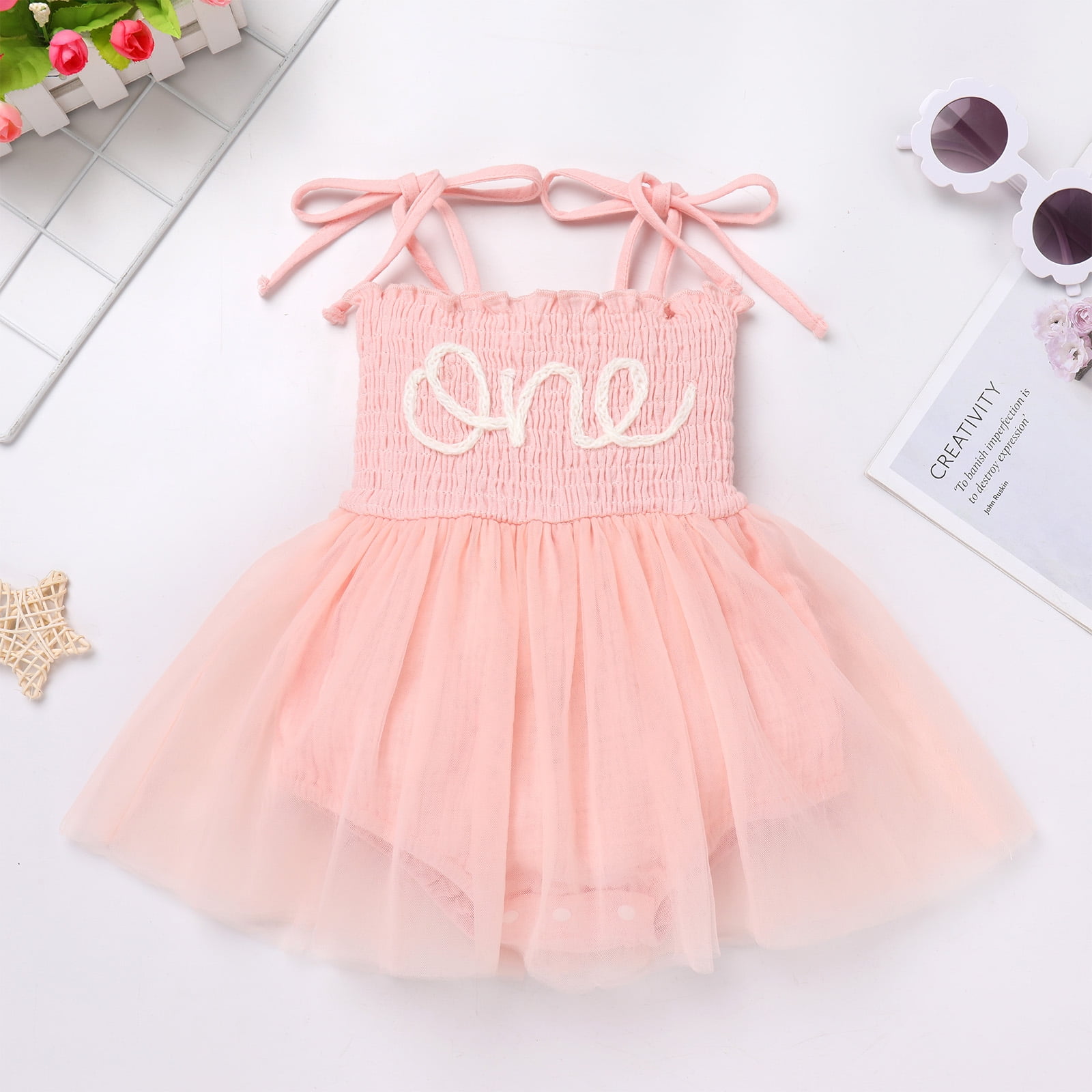 IDOPIP Baby Girls 1st Birthday Outfit Spaghetti Straps Romper Dress with Headband Cake Smash Outfit