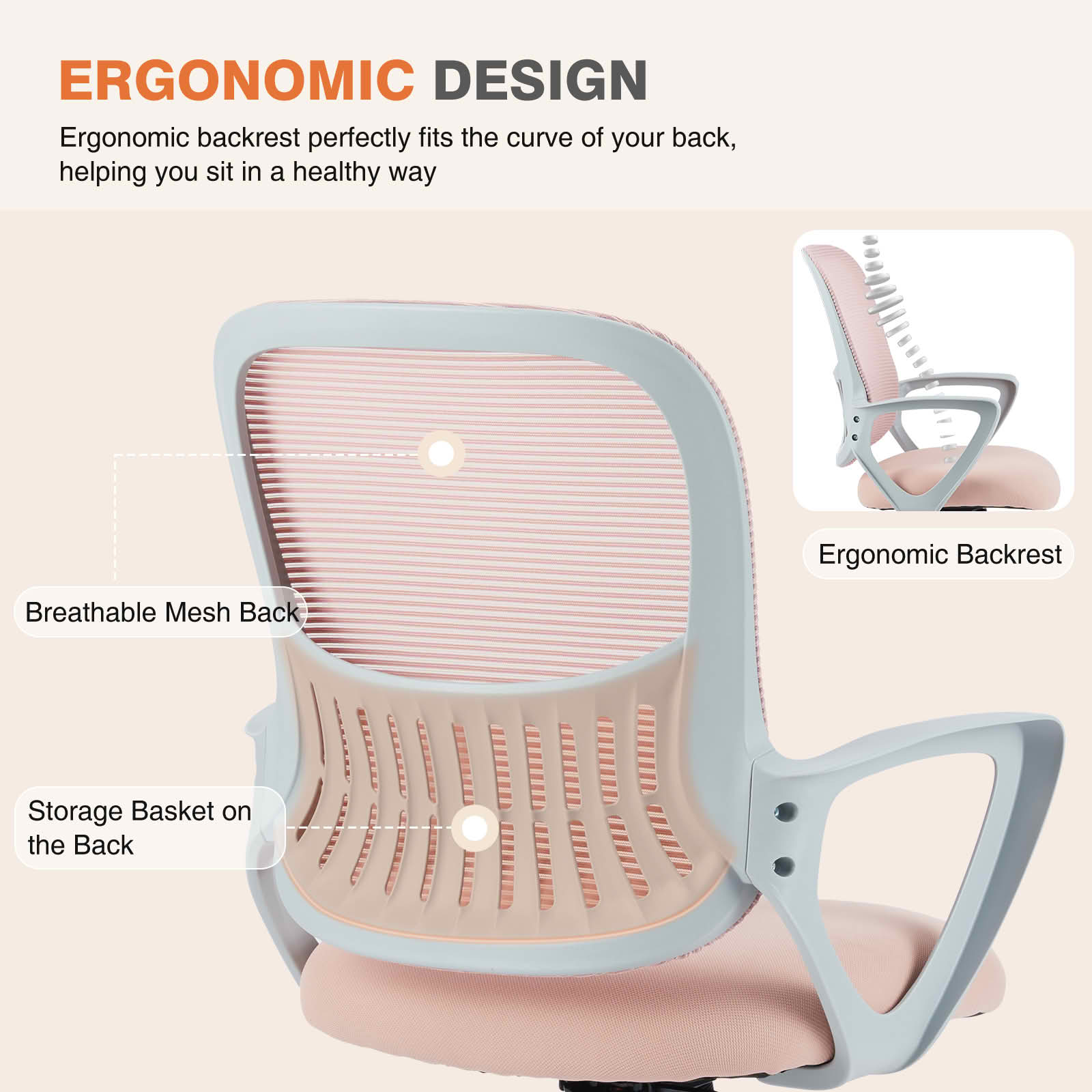 MAYEERTY Ergonomic Mid-Back Office Chair, Lumbar Support Rocking Mode Fixed Armrest