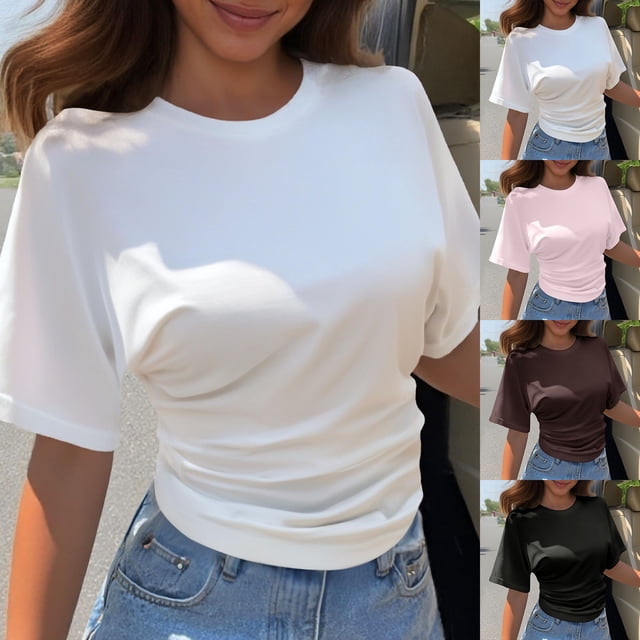 Plus Size T Shirts Round Neck Sleeve Short Sleeve Summer Solid Color Loose T Shirts Workout Shirts Women Brown S