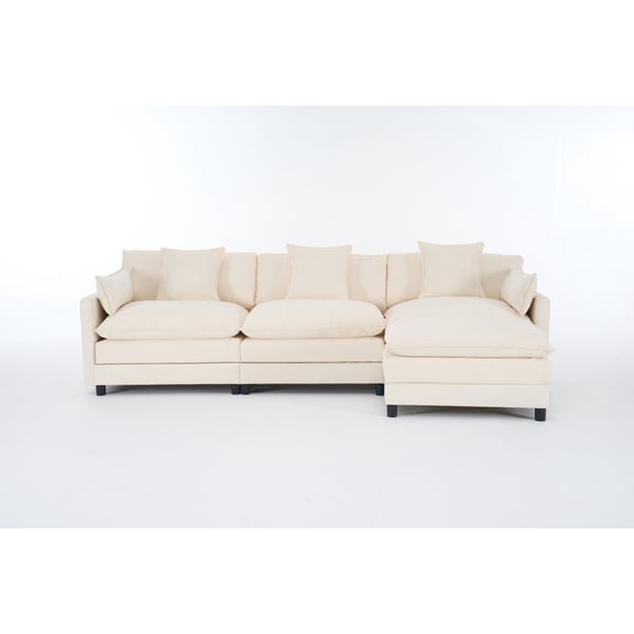 FFZ 67"L L-Shaped Modular Sectional Sofa with Ottoman, 4-Seat Chenille Deep Seat, Beige