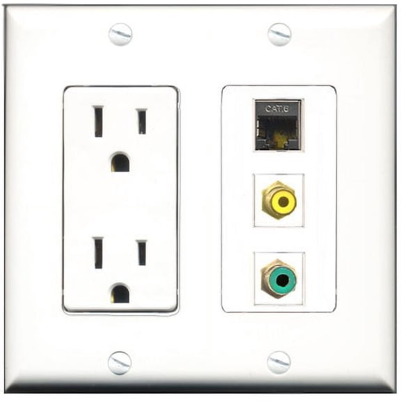 RiteAV - 15 Amp Power Outlet 1 Port RCA Yellow 1 Port RCA Green 1 Port Shielded Cat6 Ethernet Ethernet Decorative Wall Plate