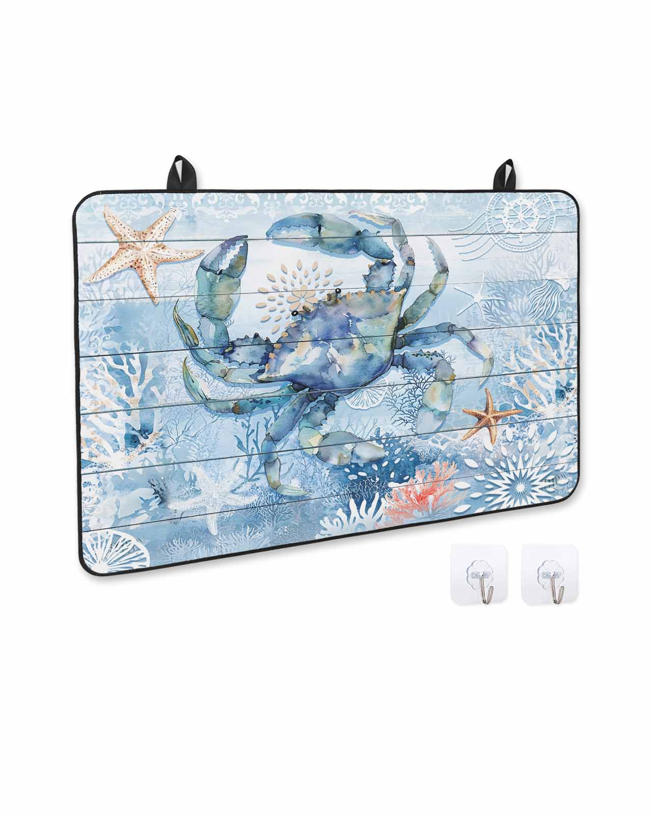 nqOlkjepod Large Induction Cooktop Protector Mat 31"x24", Coastal Blue Crab Stove Top Covers for Electric Stove, Ocean Nautical Starfish Coral Wooden Stove Burner Cover Mats, Glass Top Stove Cover