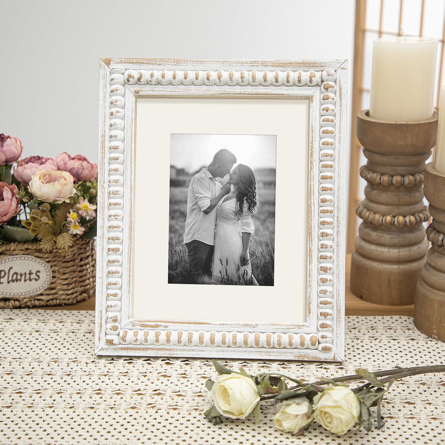 MODE HOME White 8x10 Picture Frame with Mat for Displays 8x10 and 5x7 Photos, Farmhouse Picture Frames with Wooden Beaded Design, White 8 by 10 Picture Frame for Tabletop Home Decor