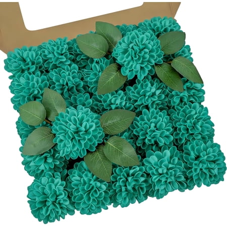 25Pcs Realistic Turquoise Green Dahlia Artificial Roses with Stem, Fake Flowers for DIY Wedding Bouquets Centerpieces Bridal Shower Party Home Decor