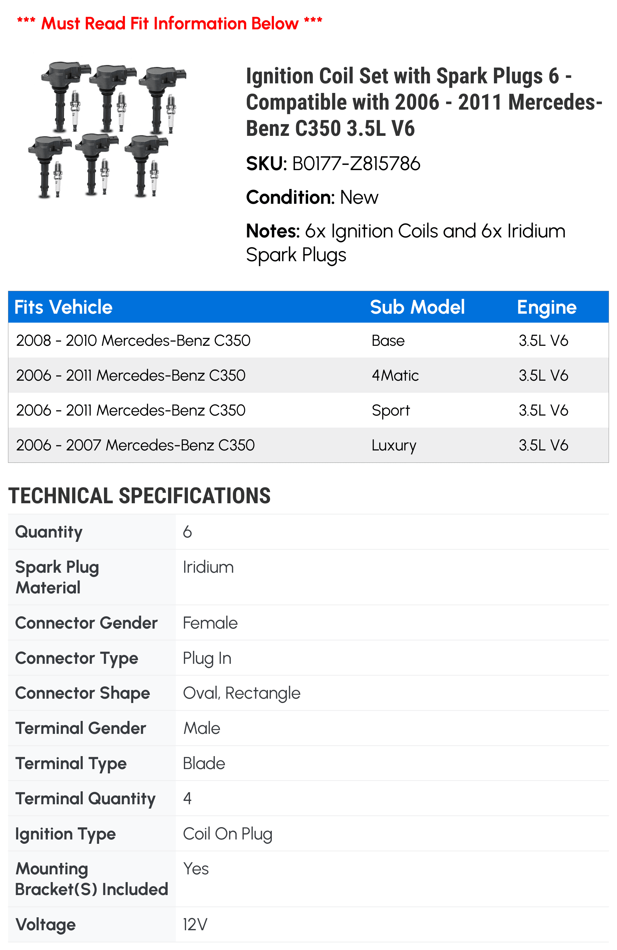 Ignition Coil Set with Spark Plugs 6 - Compatible with 2006 - 2011 Mercedes-Benz C350 3.5L V6 - Autopart Premium