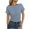 thumbnail image 1 of Camiseta de Cuello Redondo de Color Sólido Casual de la Mujer, Encaje Patchwork Manga Corta Superior para el Uso Diario, 1 of 9