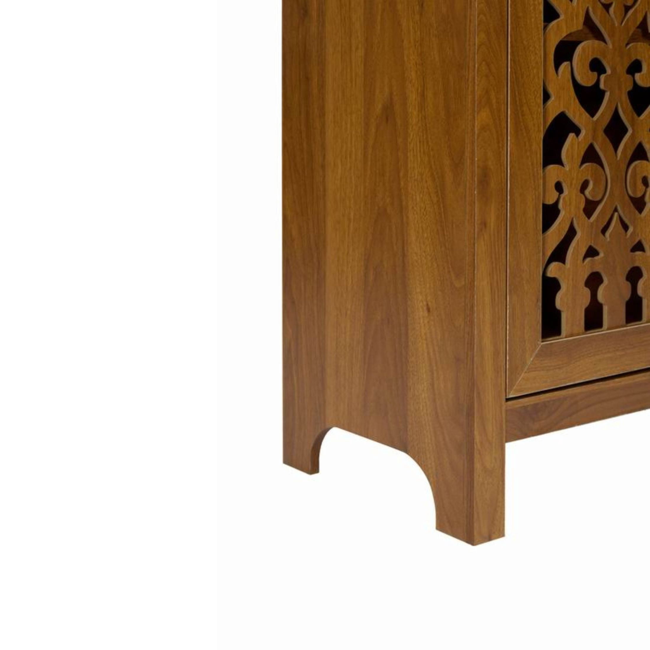 Noble House 44" Hand-Carved Arched Storage Cabinet with 2 Doors and Open Shelf, Walnut