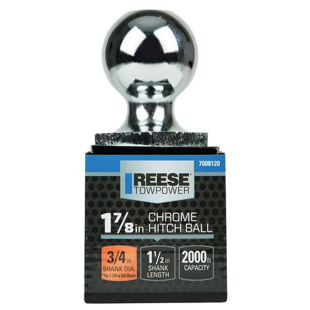 Reese Towpower Interlock  Trailer Hitch Ball, 1-7/8 in. Diameter, 2,000 lbs. Capacity, 3/4 in. Shank Dia, 1-1/2 in. Shank Length, Chrome RT7008120
