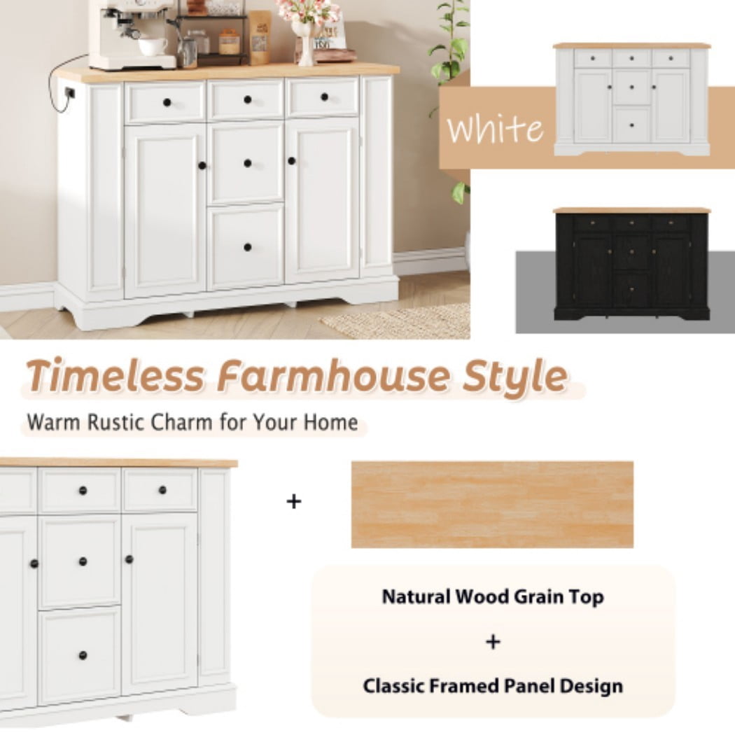 51.2" Farmhouse Sideboard Buffet Cabinet, Storage Cabinet with 5 Drawers, 2 Doors, Adjustable Shelves & Outlet, Console Table for Dining Room, Kitchen & Entryway, White