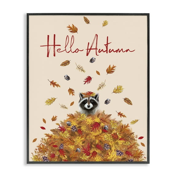 Stupell Industries Hello Autumn Raccoon Animals Painting Black Framed Art Print Wall Art, 11 x 14