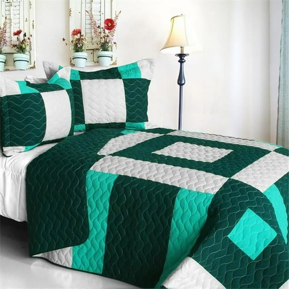 Natural Beauty - 3 Pieces Vermicelli-Quilted Patchwork Quilt Set  Full & Queen Size - Green