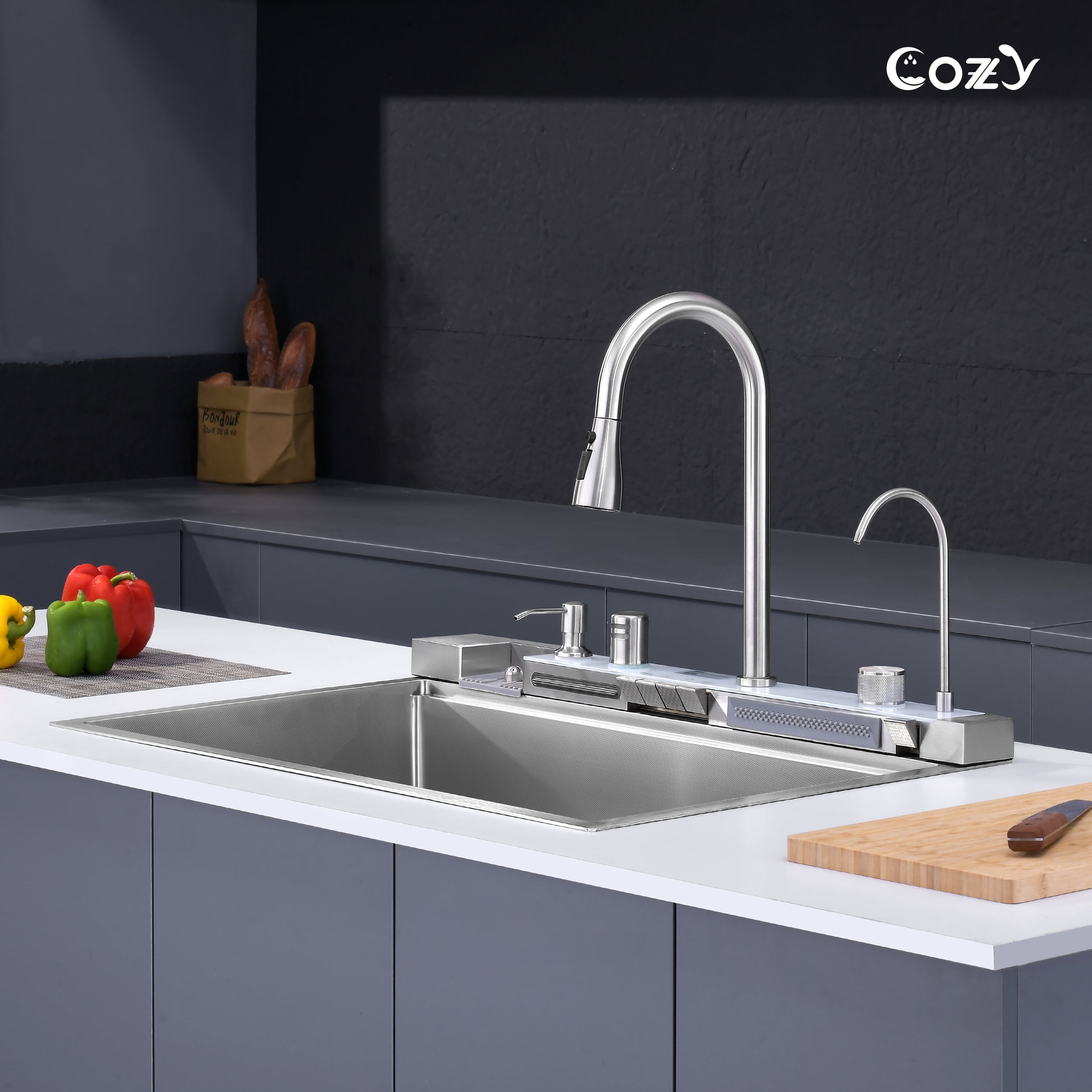 COZY Kitchen Sink Whale Digital Waterfall Sink, Flying rain Waterfall Kitchen Sink with Pull Down Sprayhead Faucet and Pressurized Cup Washer, 33"×22″ Stainless Steel Single Bowl Sink, SS-BR10-332212