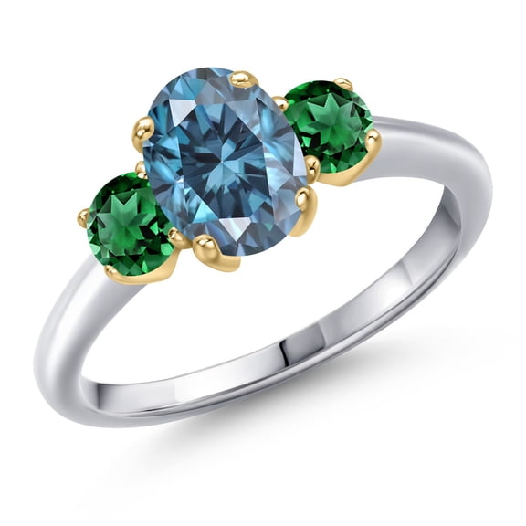 Gem Stone King 925 Silver and 10K Yellow Gold Persian Blue Moissanite and Green Nano Emerald Engagement Ring for Women | 1.98 Cttw | Oval 8X6MM | Gemstone Birthstone | Size 8