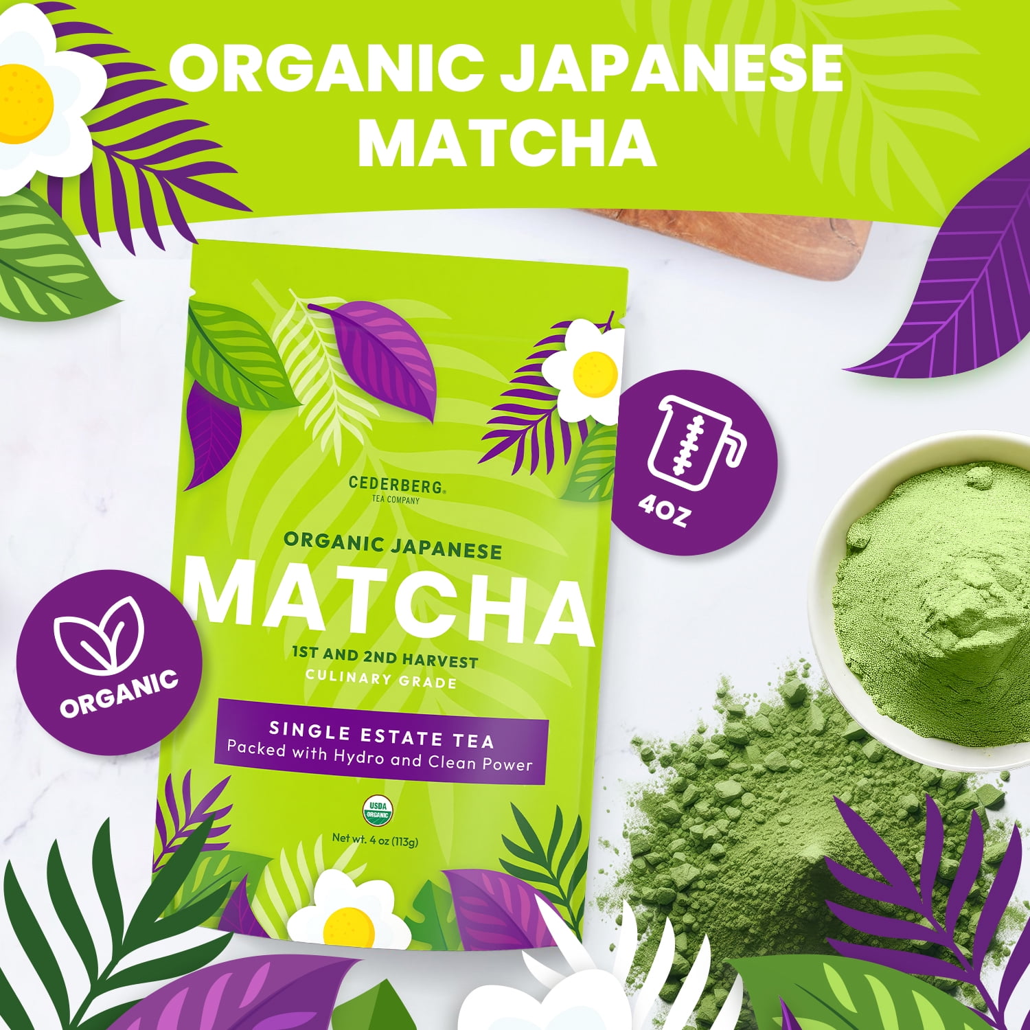 Cederberg Tea Company Organic Japanese Matcha Powder, 4 oz (113 g) | Premium Green Herbal Tea, Culinary Grade | Antioxidant-Rich, Non-GMO