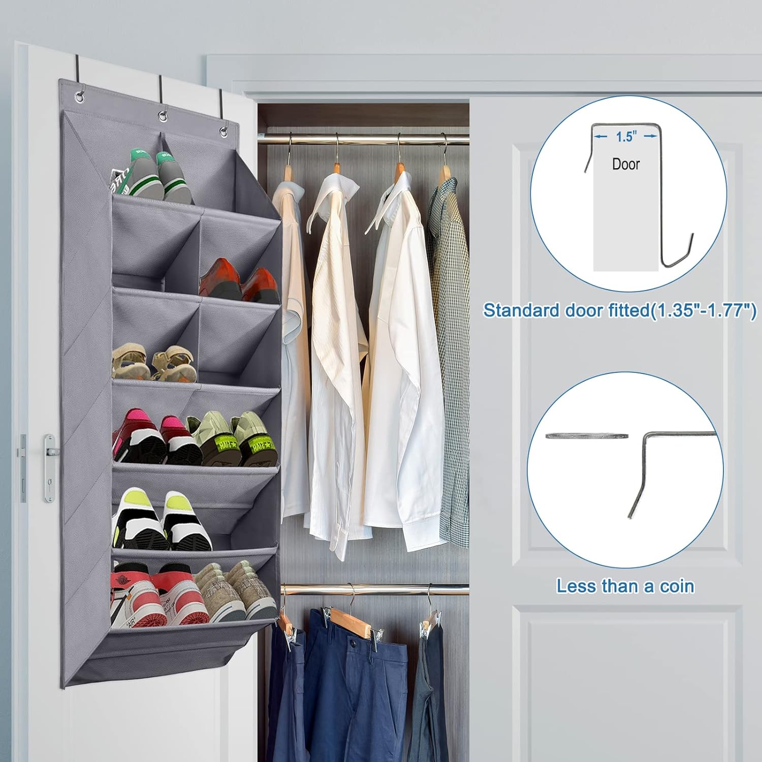 LEUCHTAMOR 9 Pocket Shoe Organizer over the Door, 6 Tiers Large Deep Pockets Door Shoe Rack with 3 Hooks 15 Pairs Shoe Organizer for Shoes,Grey