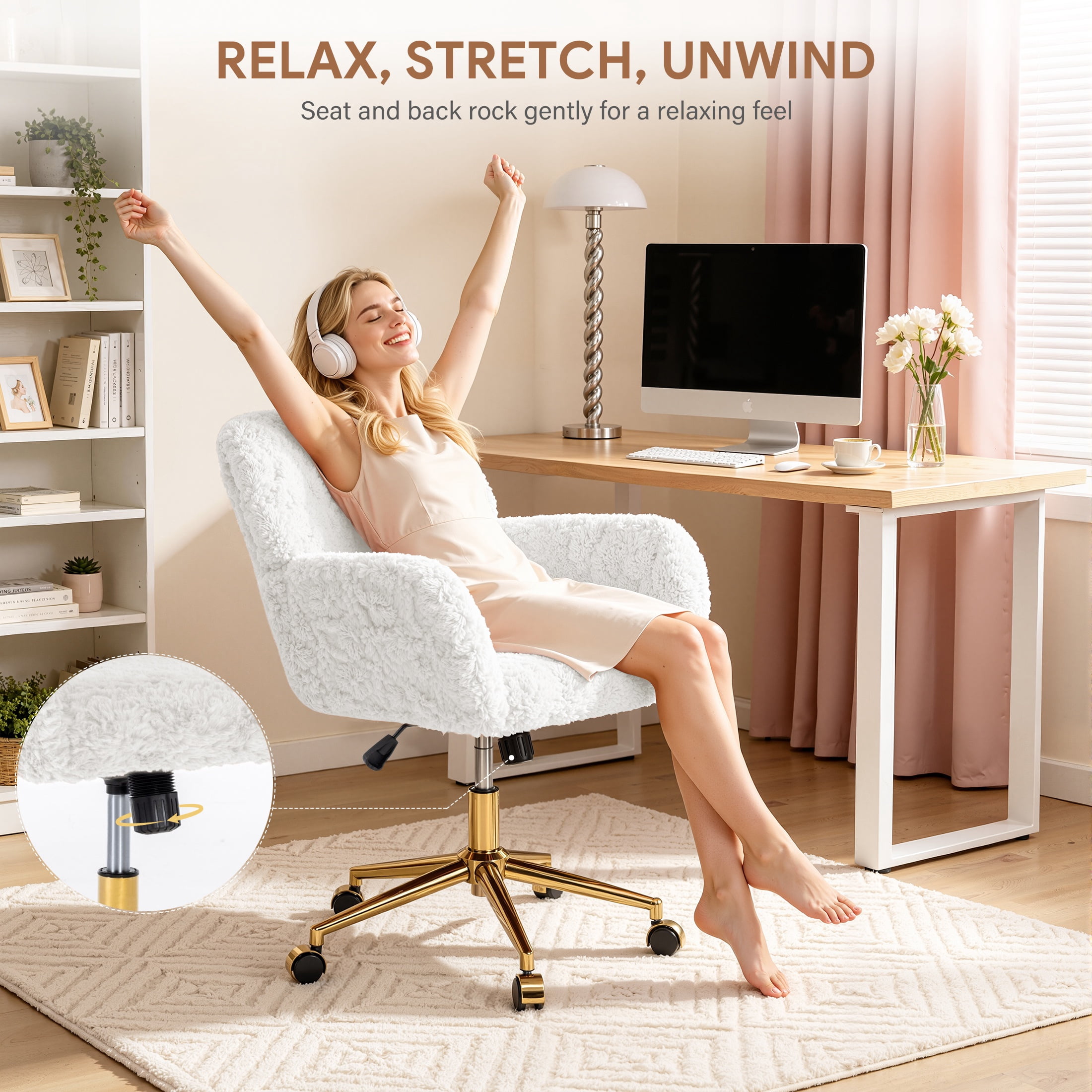 PAPROOS Vanity Chair with Back, Adjustable Swivel Makeup Desk Chair with Wheels and Arms, Fluffy Home Office Task Chair with Artificial Rabbit Hair for Bedroom, Dorm, Study Room, Beige