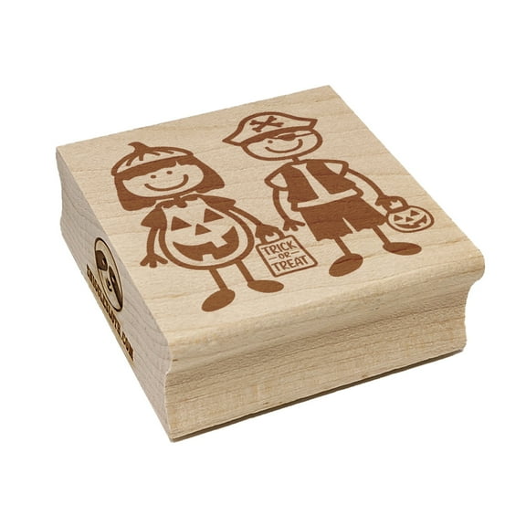 Stick Figure Halloween Trick Or Treaters Kids Square Rubber Stamp Stamping Scrapbooking Crafting - Small 1.25in