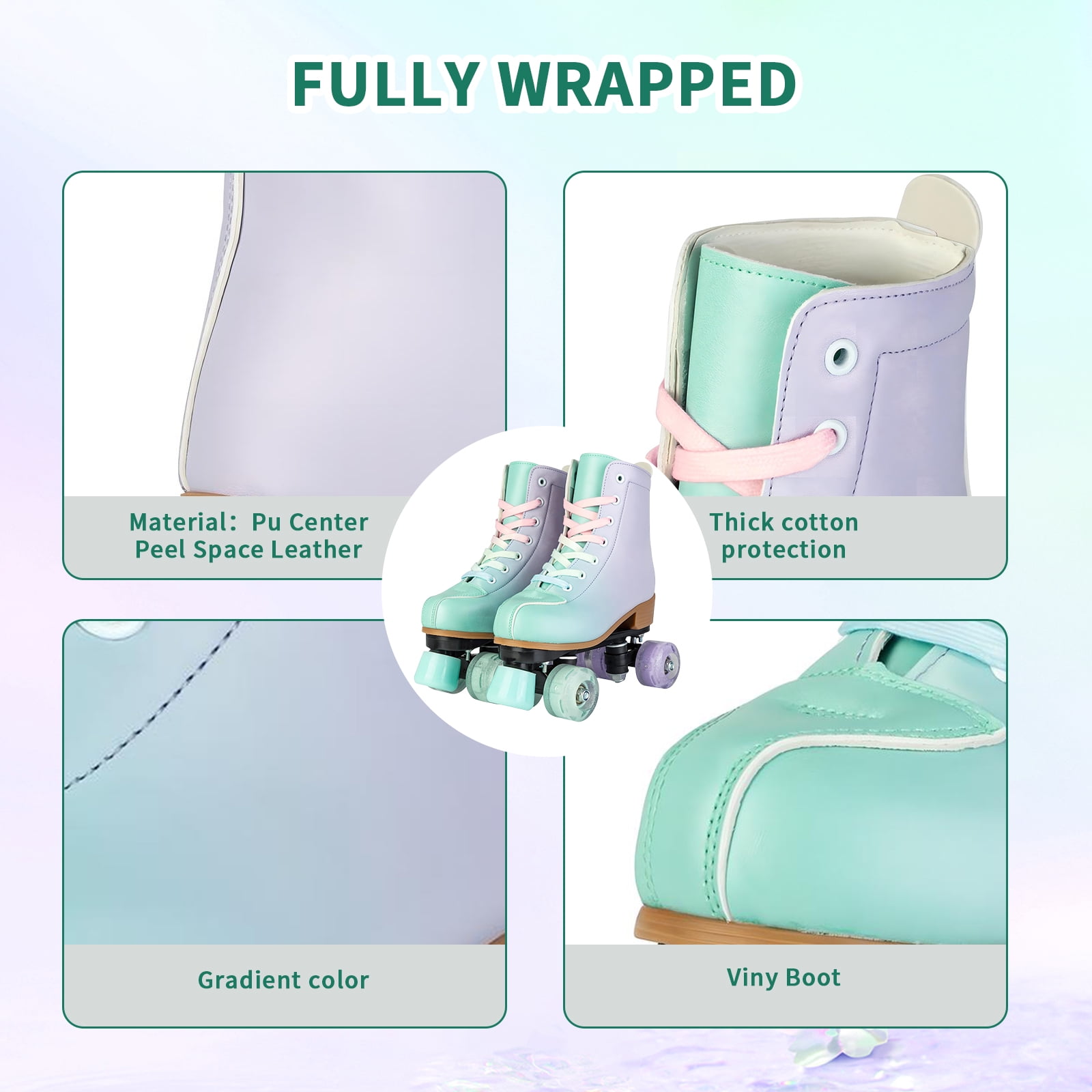 SLLINGLUO Roller Skates for Women, Grils High-Top Roller Skates Double Row Leather Shiny Quad Skates, Purple & Green, Size 6.5