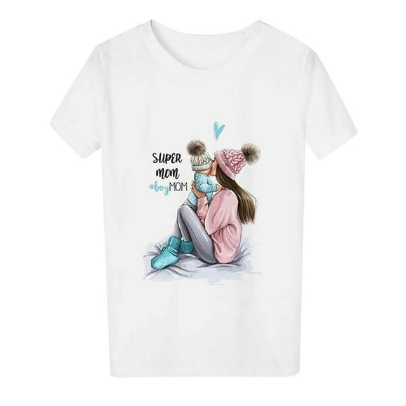 Heliisoer Womens Fashion O-Neck Print T-Shirt Harajuku White Tshirt Mother Themed Top