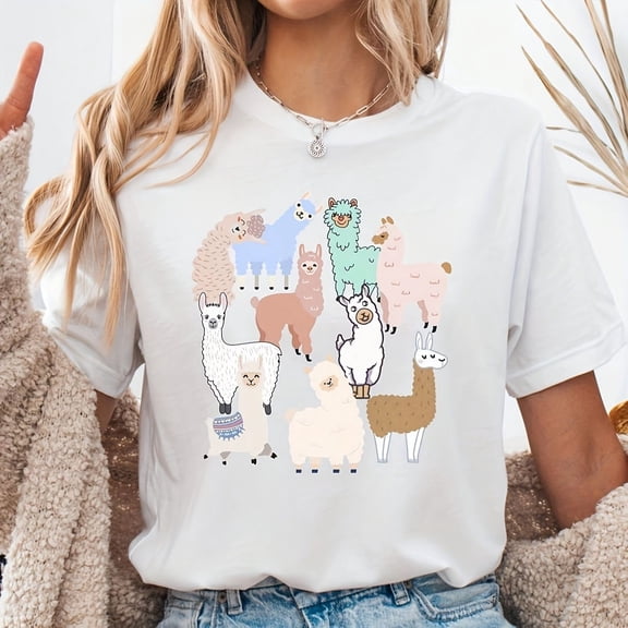Cute Alpaca Llama Graphic T-Shirt for Women - Colorful Animal Pattern Short Sleeve Casual Summer Apparel - Soft Cotton Blend Top