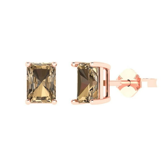 1 ct Push-Back Stud Earrings for Women | 6x4mm Emerald Cut Simulated Champagne Diamond | 18K Rose Gold