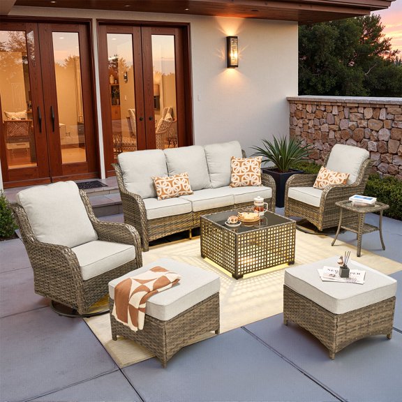 ODELIO 7‑Piece All‑Weather Wicker Patio Furniture Set, Outdoor Conversation Set with 360° Swivel Rocking Chairs and Ottomans, Grey Cushions