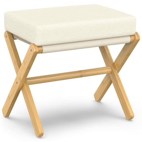 BAMBOOHOMIE Foldable Makeup Vanity Stools, Bamboo X Legs Footstool Ottoman with Foam Cushion, Folding Foot Rest Chair for Living Room Bedroom, Beige
