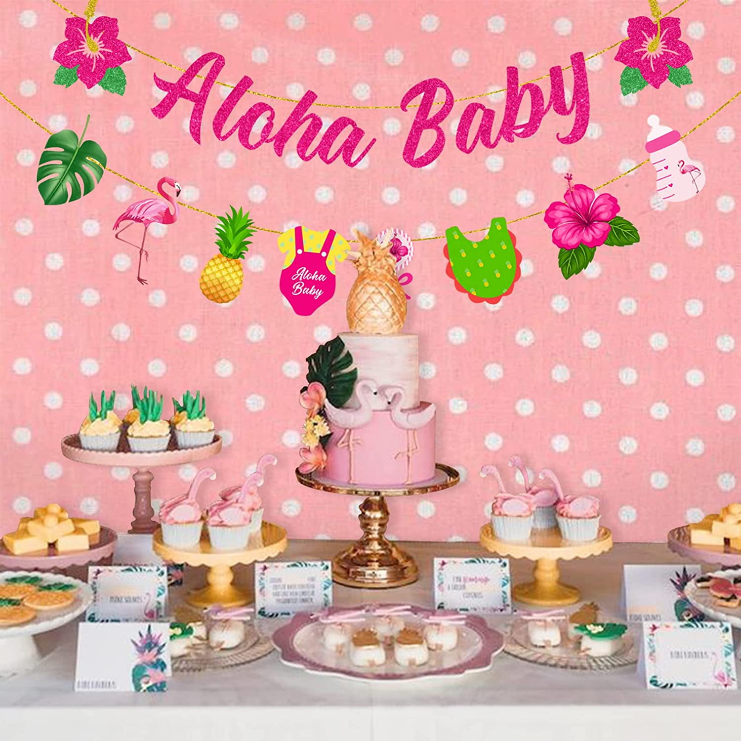 Aloha Baby Banner Glitter Rose Red Hawaii Pineapple Flamingo Baby