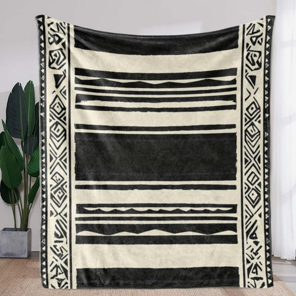 Vintage Striped Flannel Throw Blanket – Soft Cozy & Warm for Sofa Bed Car Office Camping & Travel – All-Season Gift in Black & Cream Geometric Print Patterns