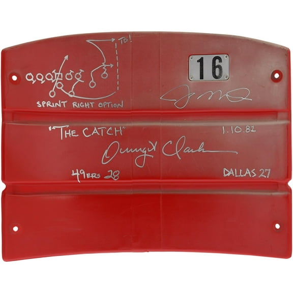 Joe Montana and Dwight Clark Dual Signed Candlestick Red Seatback with Multiple Inscriptions including "The Catch" Play Drawn by Dwight Clark - Signed in Silver Ink - Fanatics Authentic Certified