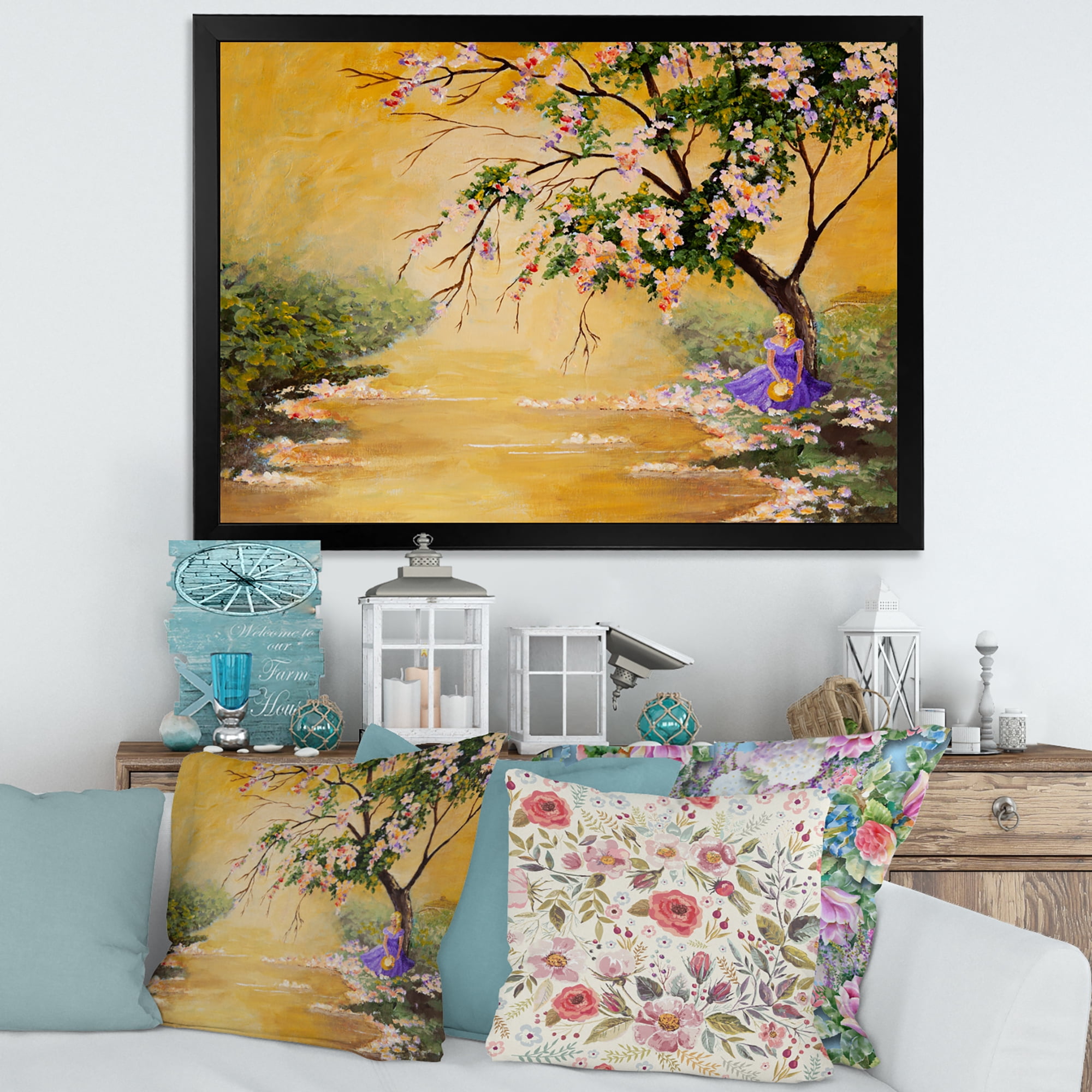 Beautiful Girl Standing By The Flowering Tree 20 in x 12 in Framed Painting Canvas Art Print, by Designart