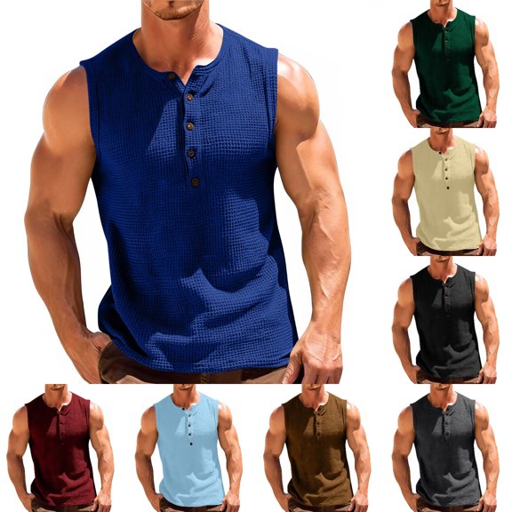 SGFCWSX Mens Tank Tops Waffle Knit Henley Neck Button Sleeveless Shirts Regular Fit Casual Soft Tops for Everyday Wear Blue Size 2XL