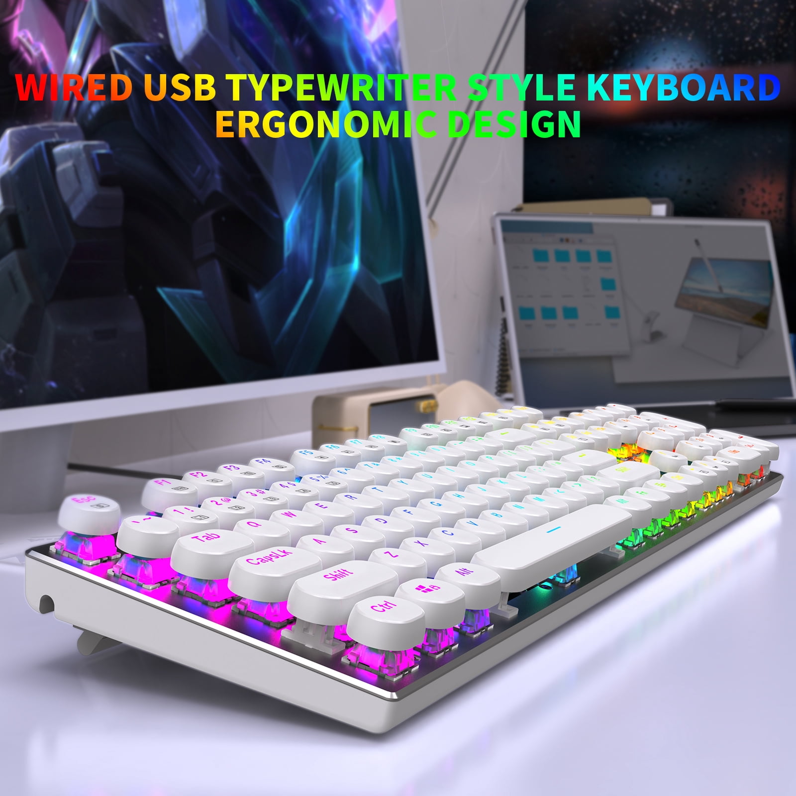 E-Yooso Typewriter Style White Retro Punk Gaming Keyboard with RGB Backlight, 104 Keys Blue Switch USB Wired Keyboard for Windows/Mac/PC